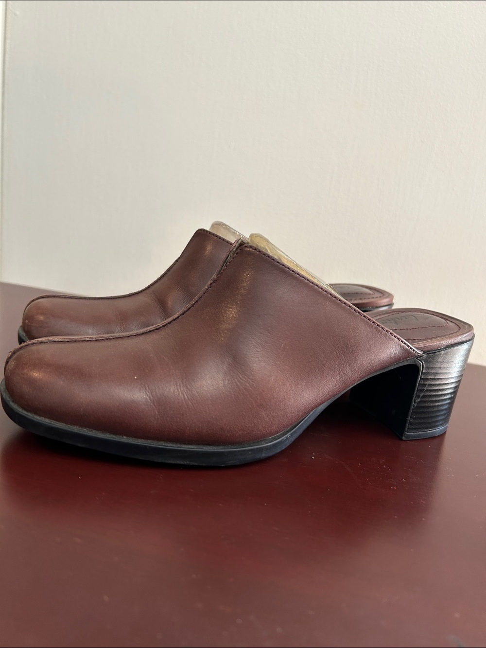 Clarks Brown Leather Slip-On Heeled Mules